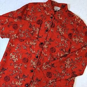 VTG Teddi Of California Tunic Blouse Button Shirt Asian Chinese Red Floral Top M